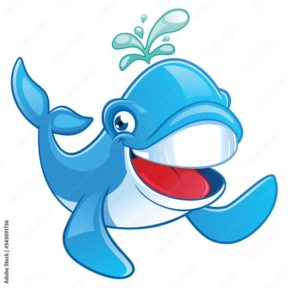 Naklejka premium Cute smiling Whale cartoon character, isolated on white background 