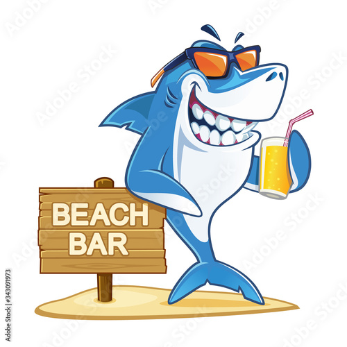 Shark with sunglasses holding a glass of juice
