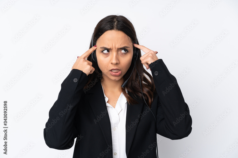 Young telemarketer woman isolated on white background having doubts and thinking Young telemarketer woman isolated on white background having doubts and thinking