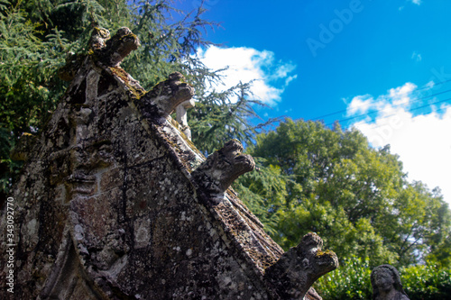 Quelven, Brittany, France - September 4 2019: Chapelle Notre-Dame-de-Quelven fountain