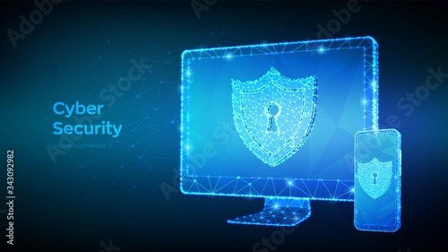 Protect and cyber security or safe concept. Abstract low polygonal computer monitor and smartphone and shield with keyhole icon. Cyber data security or information privacy idea. Vector Illustration.