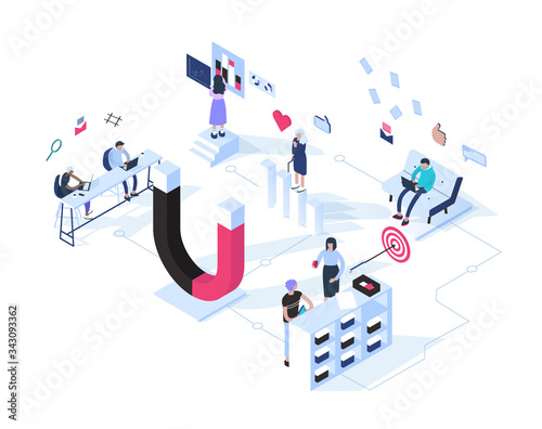 Inbound marketing concept vector illustration in isometric design. Business methodology that attracts customers by creating valuable content and experiences tailored to them. Isolated objects. 