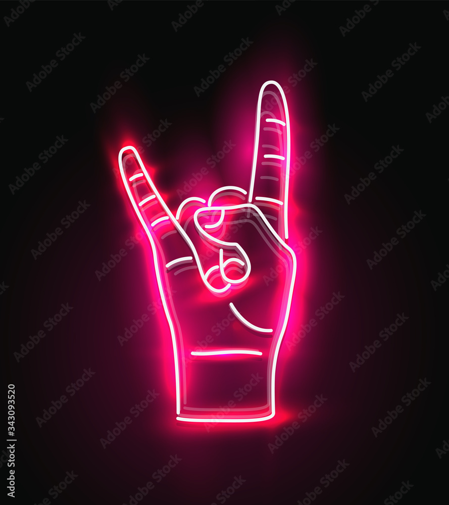 Red glowing neon sign of rock hand gesture. Rock and roll music concept