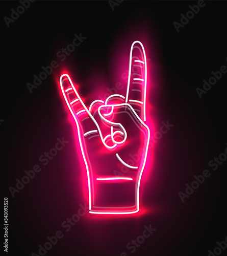 Red glowing neon sign of rock hand gesture. Rock and roll music concept for poster or flyer design. Vector illustration.