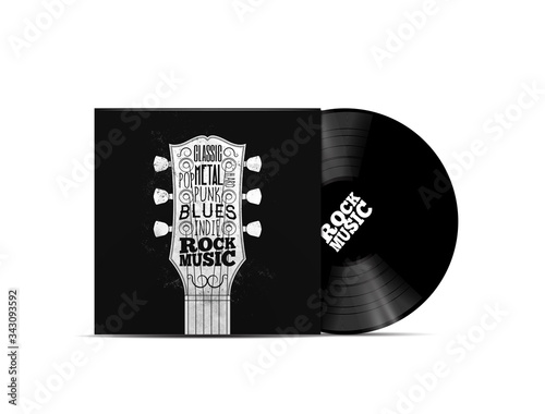 Rock music concept. Vinyl dick mockup with rock-n-roll music style cover for music playlist or album. Isolated on white background. Vector illustration
