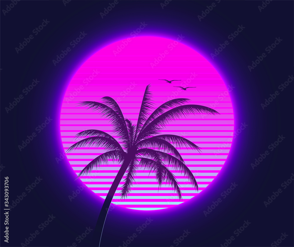 Retrowave sunset with palm silhouette and flying birds in the foreground. Summer time themed synthwave styled vector illustration. - obrazy, fototapety, plakaty 