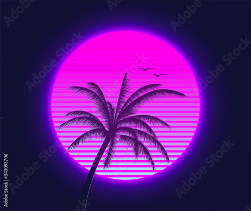 Canvas Print Retrowave sunset with palm silhouette and flying birds in the foreground