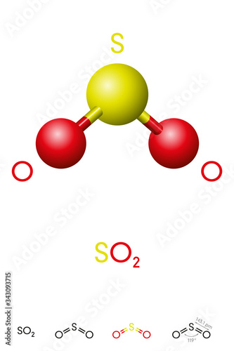 Sulfur dioxide  SO2  molecule model and chemical formula. Sulfurous anhydride  a toxic gas and an air pollutant. Ball-and-stick model  geometric structure and structural formula. Illustration. Vector.