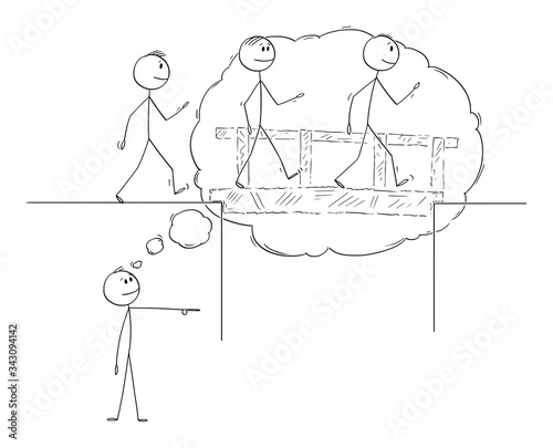 Vector cartoon stick figure drawing conceptual illustration of visionary leader or manager imaging the problem solution and leading business team over the bridge to success.