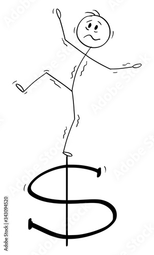 Vector cartoon stick figure drawing conceptual illustration of man or businessman balancing on dollar currency symbol. Concept of unstable and volatile market.