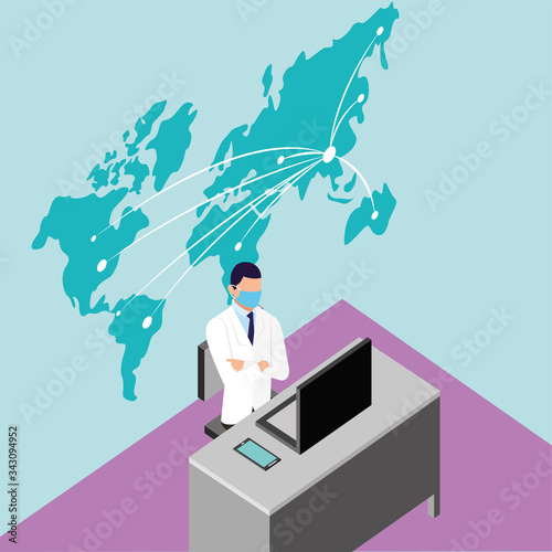 professional doctor using face mask with earth maps