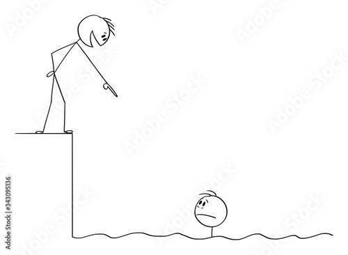 Foto Vector cartoon stick figure drawing conceptual illustration of man or businessman in problem swimming in water, competitor is laughing him from the shore or land or bank