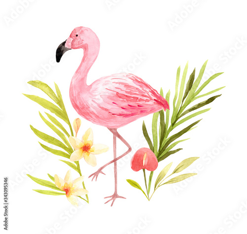 Hand drawn watercolor pink flamingo. © Anastasia