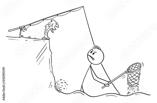 Vector cartoon stick figure drawing conceptual illustration of fisherman standing in water with dip net trying to catch fish, while fish is laughing him from the shore or land.