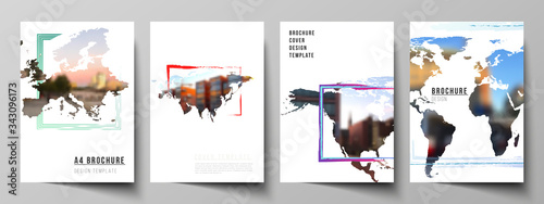 Vector layout of A4 cover mockups templates for brochure, flyer layout, cover design, book design, brochure cover. Design template in the form of world maps and colored frames, insert your photo.