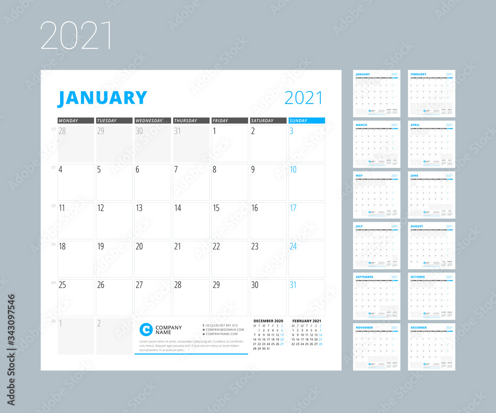 Calendar for 2021 year. Week starts on Monday. Set of 12 pages Calendar for 2021 year. Week starts on Monday. Set of 12 pages