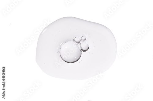 Serum with collagen and peptides drop. Skin care gel swatch with bubble isolated on white background. Emulsion texture. Beauty cosmetic product catalog.