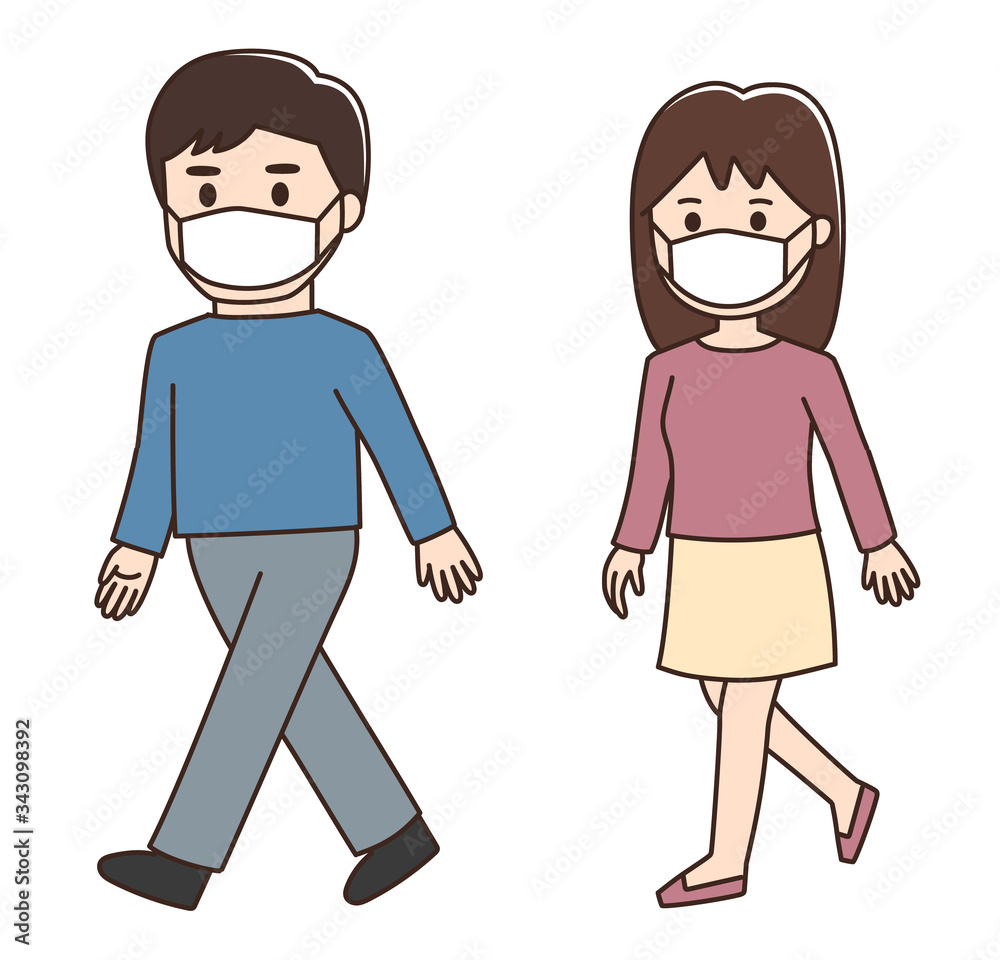 Walking man and woman wearing a medical face mask. Vector illustration isolated on white background. Walking man and woman wearing a medical face mask. Vector illustration isolated on white background.