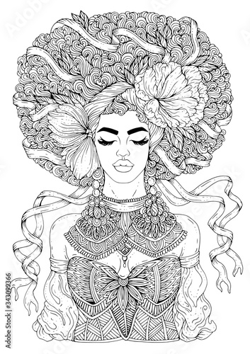 Vector African women with magnificent curly afro retro hairstyle, decorated with a scarf with a flower and ribbon. Attractive fashion model with large earrings and a necklace. Pattern coloring page