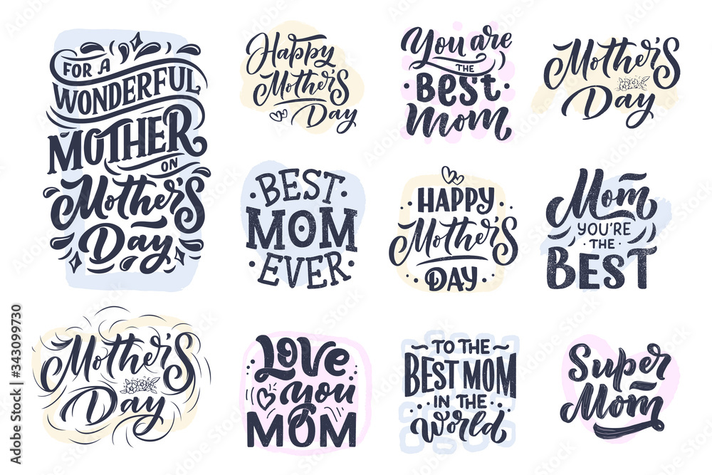 Set of Mother's day lettering and abstract shapes for gift card. Vintage Typography. Modern calligraphy banner template. Celebration quotes. Handwritten text postcard. Vector