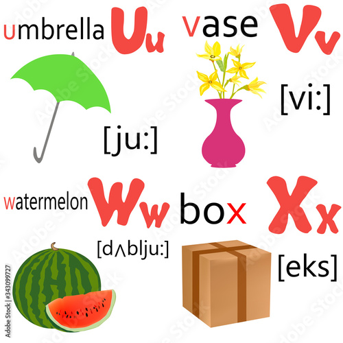 English alphabet letters with drawings and transcription set
