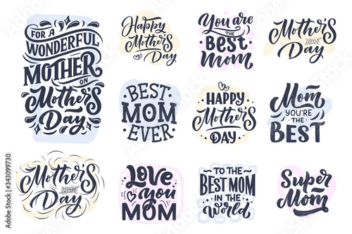 Set of Mother's day lettering and abstract shapes for gift card. Vintage Typography. Modern calligraphy banner template. Celebration quotes. Handwritten text postcard. Vector