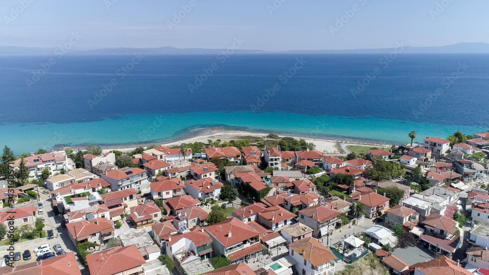 Aerial view of Afitos - traditional village in Kassandra, Halkidiki. Greece. 