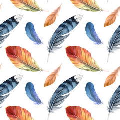Papier peint photo Plumes aquarelles patrons Plumes oiseaux aquarelle multicolores variées  © Yevheniia Poli