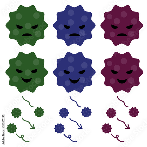 Set of viruses with various expressions. Vector illustration isolated on white background.
