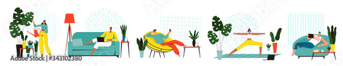 People work and relax at home. Girl takes care of plants or does home yoga, a freelancer works remotely on a laptop. Quarantined Activities
