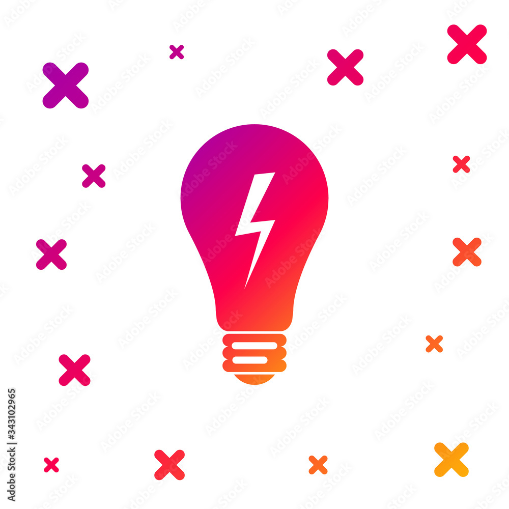Fototapeta premium Color Light lamp sign. Bulb with lightning symbol icon isolated on white background. Idea symbol. Gradient random dynamic shapes. Vector Illustration