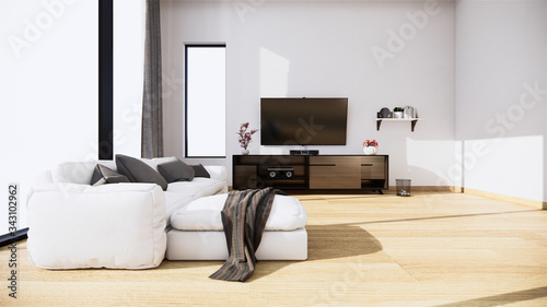 TV cabinet and armchair Japanese style on room Ryokan minimal design. 3D rendering