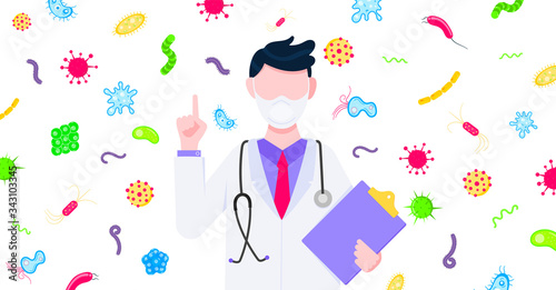 Vaccination banner concept flat style design poster. Male man doctor employee on it holding clipboard and arounded with microbes and viruses. Medical awareness flu, polio influenza banner.