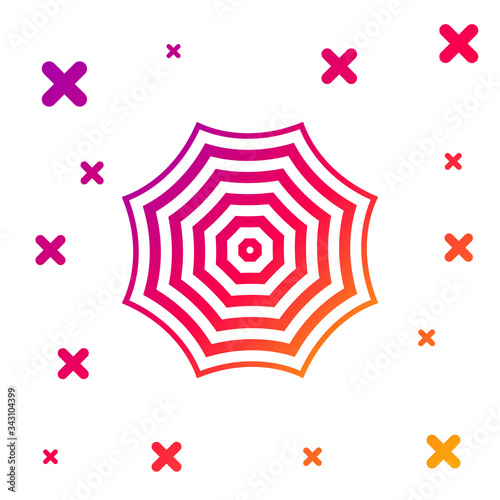 Color Sun protective umbrella fo beach icon on white background. Large parasol for outdoor space. Beach umbrella. Summer vacation or picnic accessory. Gradient dynamic shapes. Vector Illustration