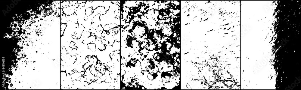 Set of grunge background black and white. Dark texture dirty. Rust effect. Distressed overlay texture of cracked. Halftone vector illustration, Eps 10. Set of grunge background black and white. Dark texture dirty. Rust effect. Distressed overlay texture of cracked. Halftone vector illustration, Eps 10.