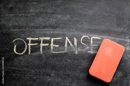 erasing offense, hand written word on blackboard being erased concept