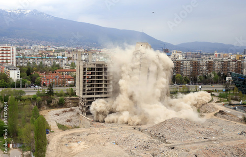 Photos Controlled explosion with blasts of a unfinished and abandoned empty high building, printing press house IPK Rodina, in Sofia, Bulgaria on 04/26/2020