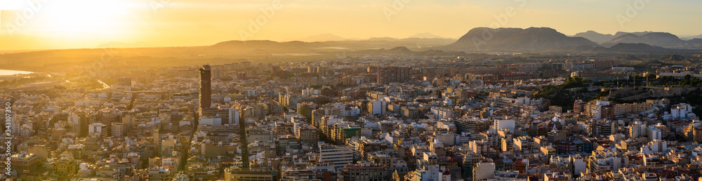 Fantastic panoramic view from the fortress of Santa Barbara to the city of Alicante. Alicante province. Spain