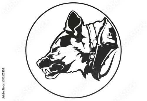 Dog in military style, one color. Vector illustration.