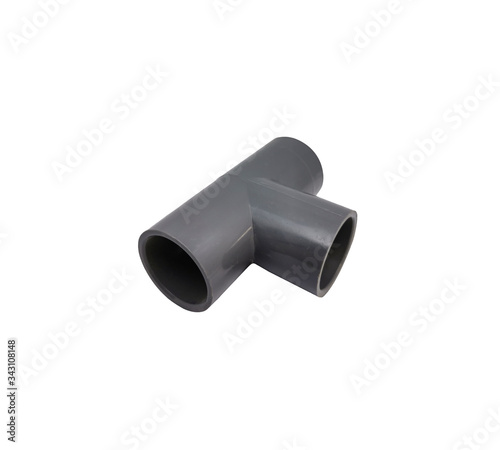 Single PVC pipe tee isolated on white background without shadow. Three-hole pipe connection