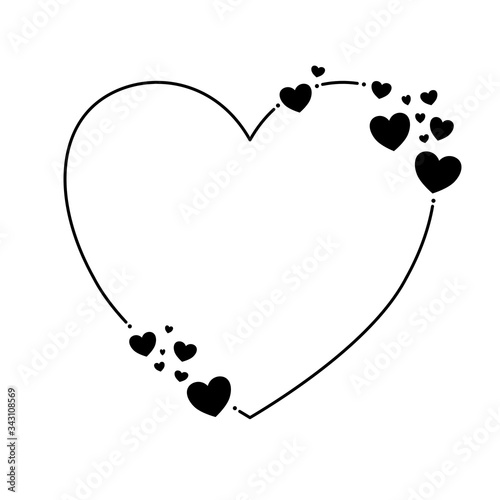 Black line heart shape frame decorated with small hearts on white background. Vector illustration for decorate logo, text, wedding, greeting cards and any design.