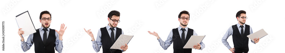 Office employee holding paper isolated on white Office employee holding paper isolated on white