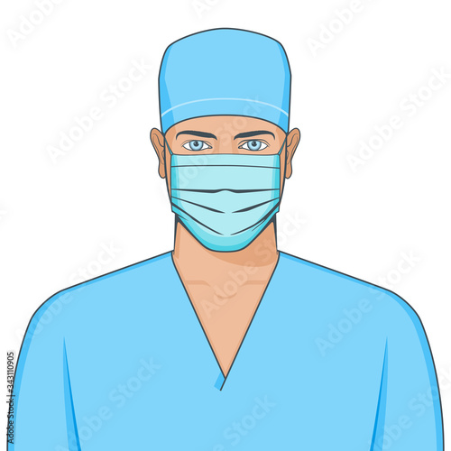 Portrait of doctor wearing medical mask. Realistic vector illustration