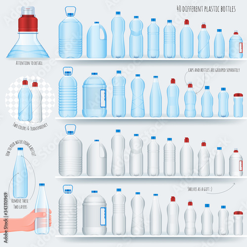 Plastics bottles set. Realistic vector illustration