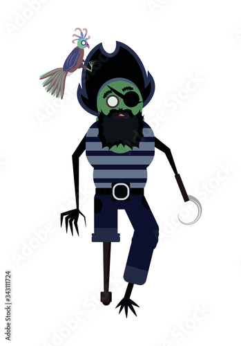 Apocalyptic Zombies - a pirate with a parrot on his shoulder. The captain has a hook instead of his left hand and a wooden right leg; wears a frock, black hat, a black beard, a bandage on his eye.