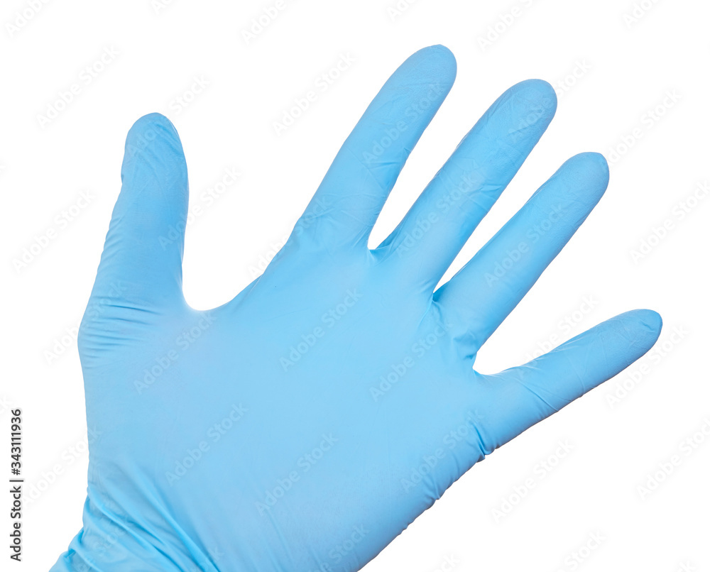 Hand gesture in blue glove isolated on white background Hand gesture in blue glove isolated on white background