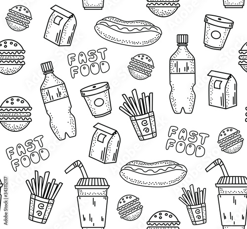 Linear doodle Fast food and drinks seamless pattern. Junk fat unhealthy meal concept. Take-away food.