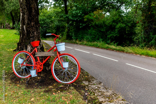 A picturesque and beautiful red ornament bicycle on a tree by the side of a road © Dani