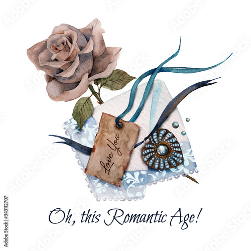 Hand drawn watercolor illustration of vintage handkerchief, pendant and floral elements. Retro composition, romantic age