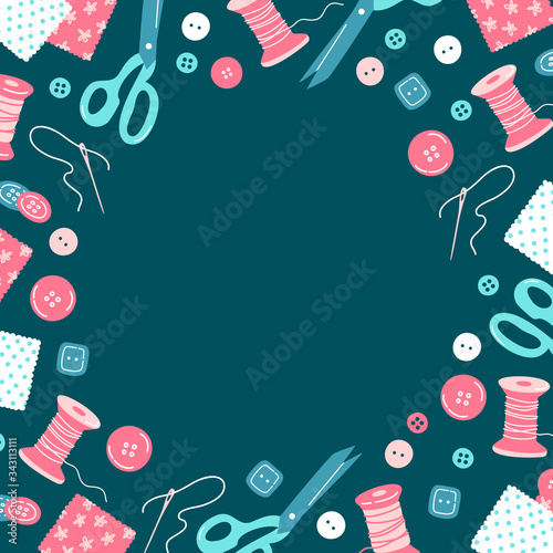 sewing tools copy space frame on colorful background